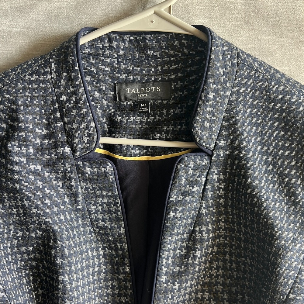 Talbots‎ 14P Petite Navy Gray Houndstooth Open Front Blazer Career Jacket - Picture 4 of 11